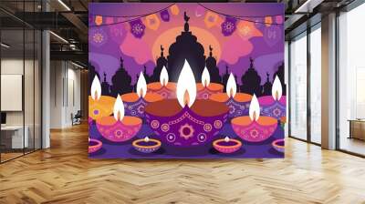 Colorful Diwali festival celebration with lit diya lamps, decorative lanterns, and festive flags Diwali festival of lights created with generative ai.	 Wall mural