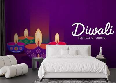 colorful diya lamps on purple background with Diwali festival of lights with copy space created with generative ai.	 Wall mural