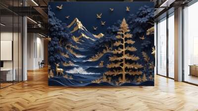 Dark blue mural wallpaper from the contemporary era Christmas tree, mountain, deer, birds, and waves of gold depicting a jungle or forest, mural wallpaper for living room  generative ai	 Wall mural