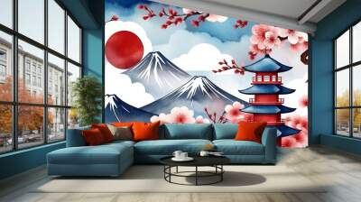 Decorative Japanese background with red and blue watercolor textures. Fuji mountain, Cherry blossom flower, bonsai, Chinese clouds and icon design  Wall mural