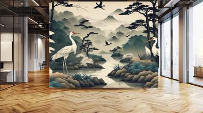 drawing wallpaper of a landscape of birds crane in the middle of the forest in Japanese vintage style created with generative ai	 Wall mural