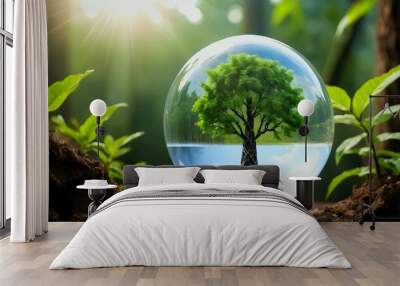 Earth crystal glass globe ball and tree in robot hand saving the environment, save a clean planet, ecology concept. technology science of environment for development of sustainability generative ai Wall mural