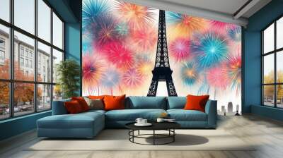 Eiffel Tower silhouette with colorful fireworks bursting in the sky above on white isolated background for Olympics event created with generative ai Wall mural