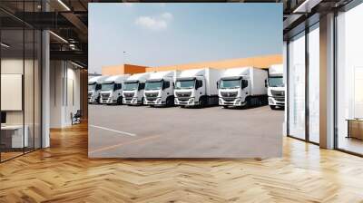 Fleet of trucks parked at parking lot yard of delivery company. Truck transport. Logistic industry. Commercial truck for delivering goods from warehouse created with generative ai Wall mural