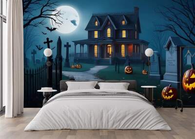 halloween walk with cemetery and haunted house isolated jack-o'-lantern pumpkin created with generative ai. Wall mural