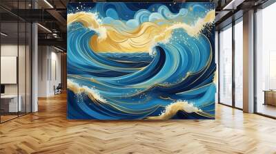 Magical fairytale ocean waves art painting. Unique blue and gold wavy swirls of magic water. Fairytale navy and yellow sea waves. Children’s book waves, kids nursery cartoon illustration generative ai Wall mural