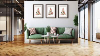 modern christmas themed room green living room with pastel green sofa and set of 3 blank christmas tree frames behind on the wall created with generative ai Wall mural