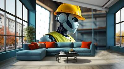 robot wearing a hard hat, standing in a construction site with scaffolding in the background concept of labor day created with generative ai Wall mural