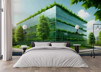 Sustainable green Eco-friendly building. Sustainable glass office building with greenery for reducing carbon dioxide. Green company office with green environment created with generative ai Wall mural