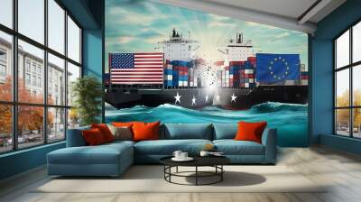 USA and EU trade war concept. Collision of two cargo container ships with the European Union flag & USA flag. In a turquoise sea with sky, clouds and sun rays created with generative ai Wall mural