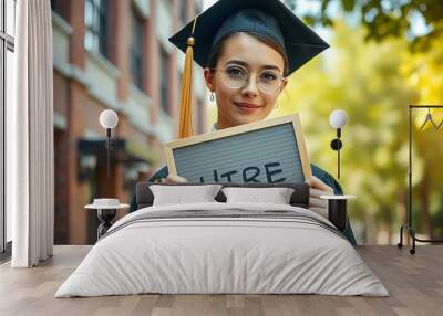 young adult wearing a graduation cap & gown holding a sign board that says HIRE ME on college building street blurred background , university graduate created with generative ai. Wall mural