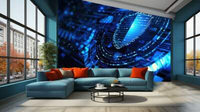 An abstract composition of binary code swirling around a shield symbol, representing the idea of digital protection and cybersecurity defense in a visually dynamic and futuristic manner Wall mural