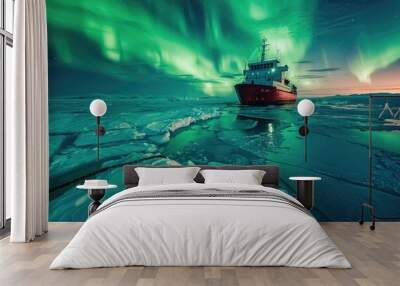 Solitary cargo ship glides through icy Arctic waters under a vibrant display of the Aurora Borealis Wall mural