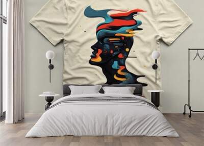 A beige t-shirt with a graphic design of a woman's face in profile with colorful, abstract hair. Wall mural