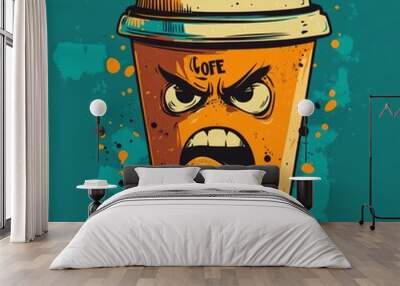 A cartoonish coffee cup with an angry expression, emphasizing a humorous take on coffee culture. Wall mural