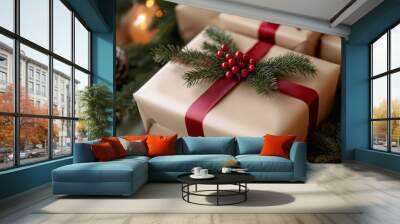 A close-up of a Christmas gift wrapped in brown paper and tied with a red ribbon. The gift is decorated with a sprig of evergreen and red berries. Wall mural