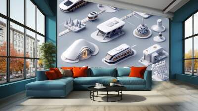 A collection of futuristic buildings and vehicles in a minimalist style, arranged in a grid on a blue background. Wall mural