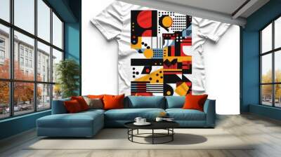 A colorful abstract graphic design on a white t-shirt featuring geometric shapes and patterns. Wall mural