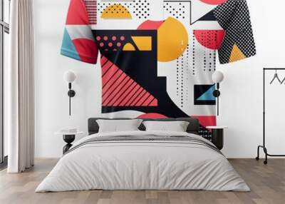 A colorful graphic t-shirt featuring abstract shapes and patterns. Wall mural