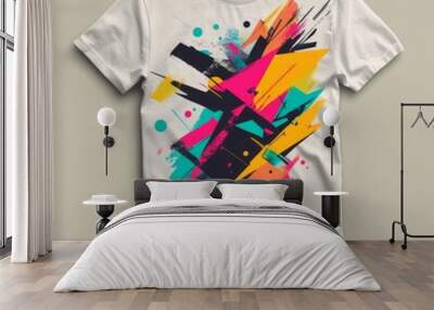 A colorful graphic t-shirt featuring abstract shapes and splashes of paint. Wall mural