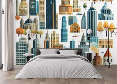 A colorful illustration of various cityscape elements, including skyscrapers, churches, trees, and cars, on a white background. Wall mural