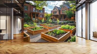 A community garden with raised beds in front of brick houses. Wall mural