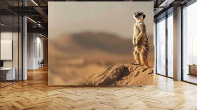 A curious meerkat stands on a sand dune, looking out over the vast desert landscape. Wall mural