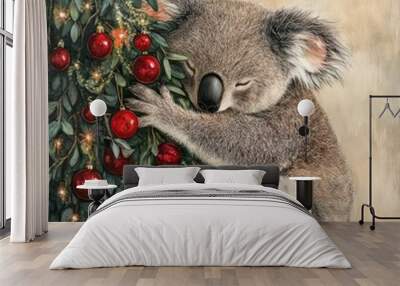 A cute koala resting against a decorated Christmas tree with red ornaments. Wall mural