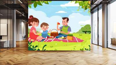 A family of three is enjoying a picnic in a park Wall mural