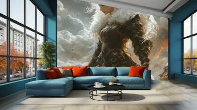 A fierce warrior stands amidst a dramatic, fiery landscape. Wall mural