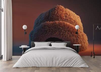 A fluffy, brown fur hat with a wide brim sits on a red background. Wall mural