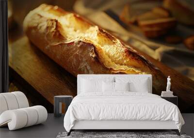 A freshly baked loaf of bread on a wooden cutting board. Wall mural