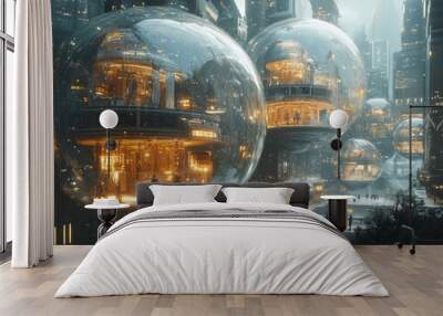 A futuristic cityscape with large, transparent spheres containing buildings and people, creating a unique and surreal urban environment. Wall mural