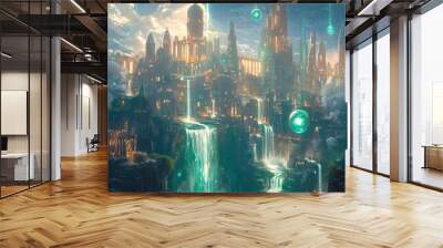 A futuristic cityscape with waterfalls and glowing orbs. Wall mural