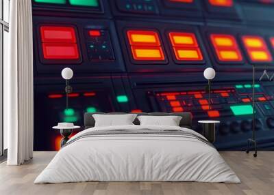 A futuristic control panel featuring illuminated buttons and screens. Wall mural