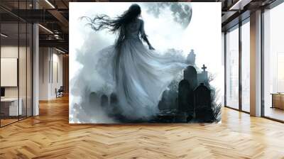 A ghostly figure in a flowing dress walks through a graveyard under a full moon. Wall mural