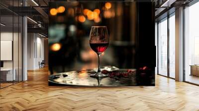 A glass of red wine on a table with rose petals, with a rainy city view in the background. Wall mural