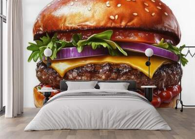 A juicy cheeseburger with lettuce, tomato, onion, and ketchup on a sesame seed bun. Wall mural