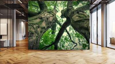 A low angle view of two tree trunks, textured with bark and moss. Wall mural