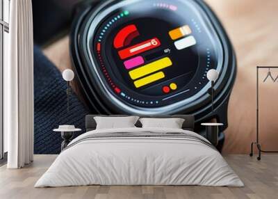 A man's wrist wearing a modern smartwatch with a colorful digital display. Wall mural