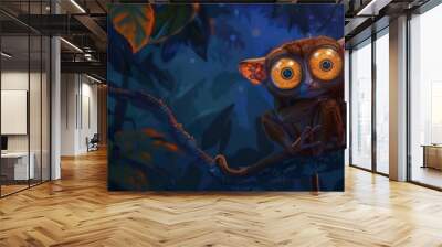 A nocturnal primate with large, luminous eyes sits on a branch in a dark forest. Wall mural