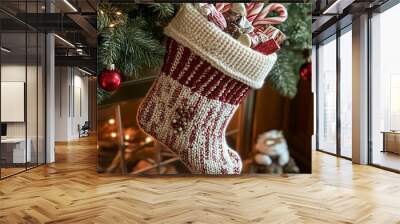 A red and white knitted Christmas stocking filled with candy canes and chocolates hangs on a fireplace mantel. Wall mural