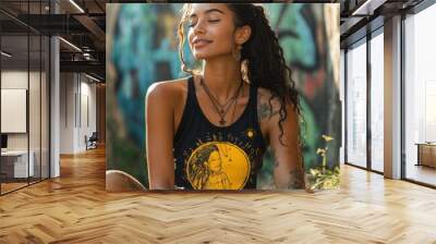 A serene woman with tattoos and a graphic tank top, enjoying nature in a relaxed pose. Wall mural