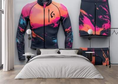 A set of cycling clothes with a colorful abstract design. Wall mural