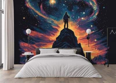 A silhouette of a person on a mountain under a cosmic sky. Wall mural