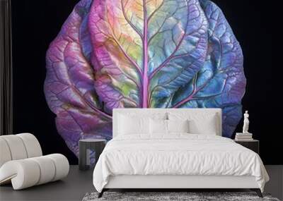 A single iridescent leaf with a vibrant rainbow of colors isolated on a black background. Wall mural