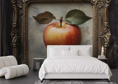 A single red apple with two leaves in a golden frame. Wall mural