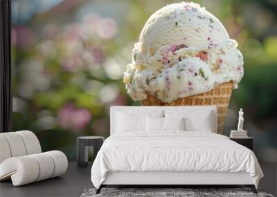 A single scoop of vanilla ice cream with pink and green sprinkles in a waffle cone against a blurred background of pink flowers. Wall mural