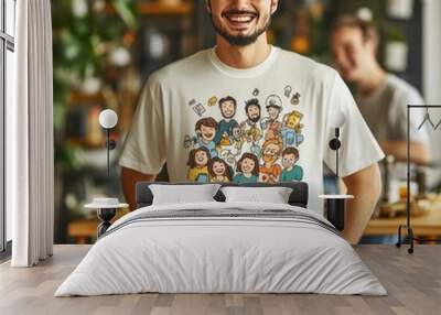 A smiling person in a cartoon-themed t-shirt. Wall mural