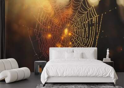 A spider web covered in morning dew with a glowing sunrise in the background. Wall mural